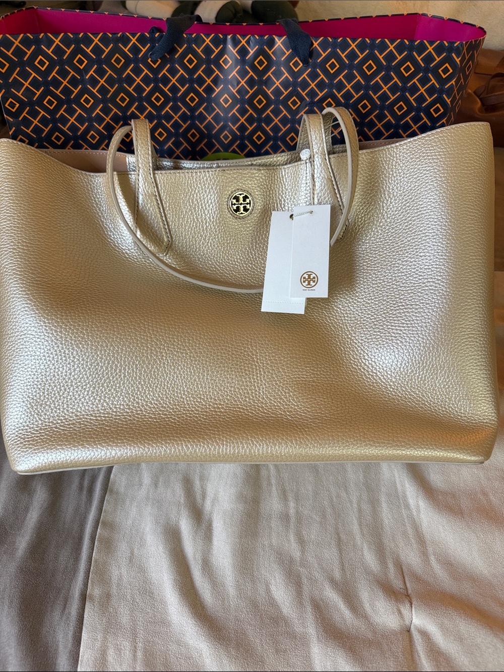 Brand new!!! Tory Burch Metallic Champagne Pebbled Leather Tote